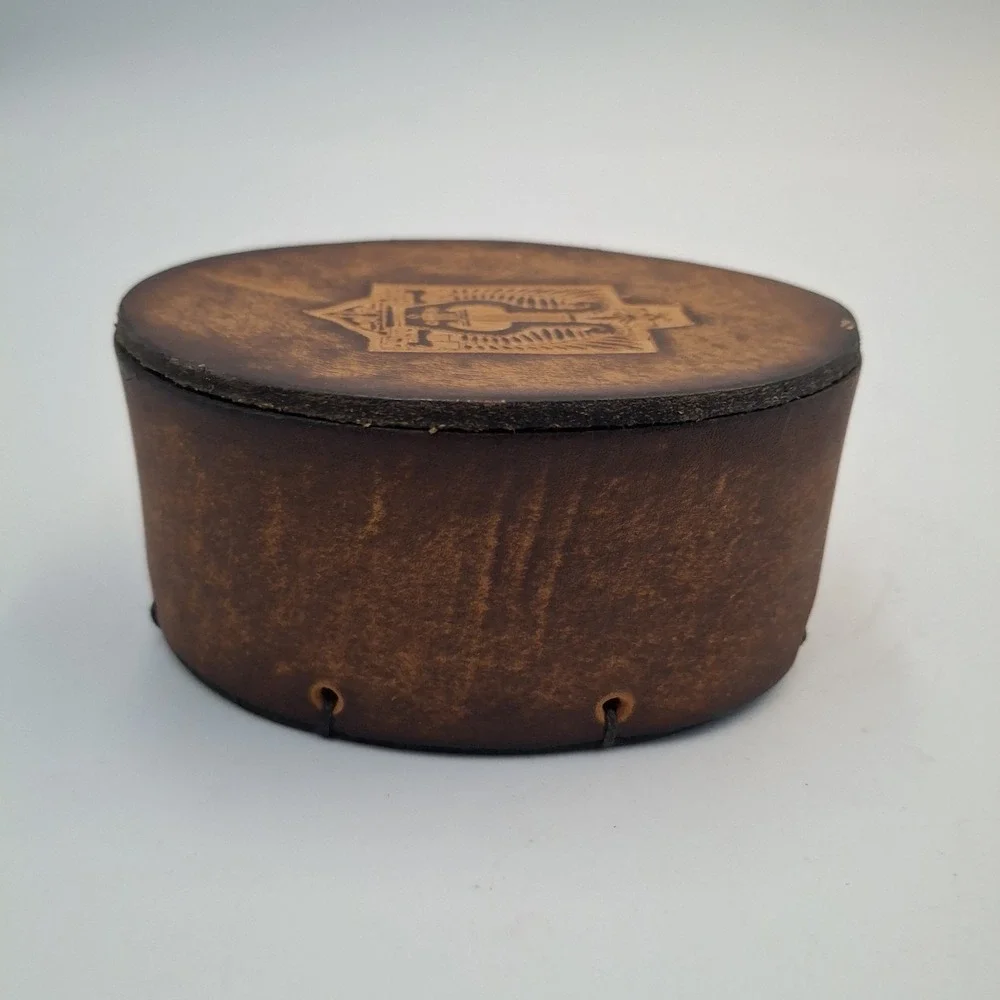 Vintage Leather Trinket Box Embossed Lyre Harp Emblem Red Velvet Lined Biblical